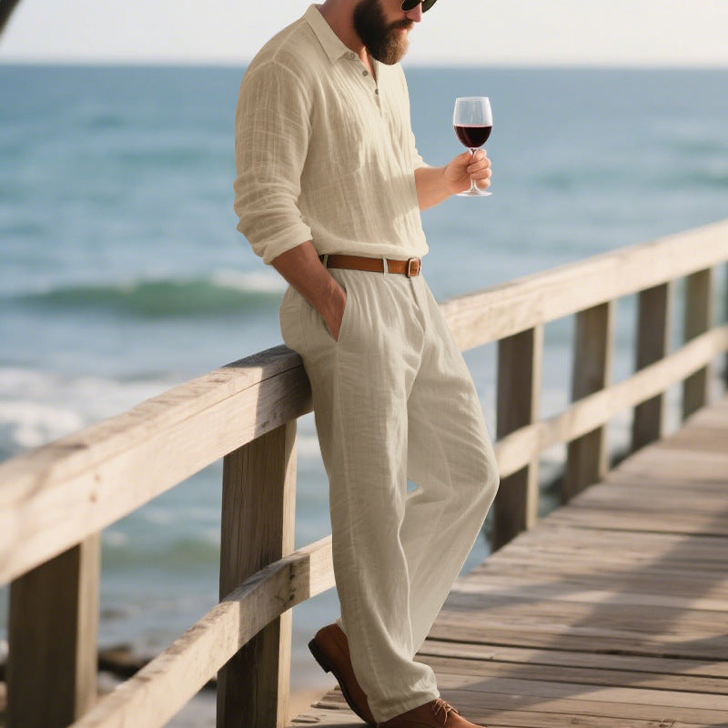 Men's Linen POLO Long-sleeved Trousers Casual Suit Solid Color Two-piece Set